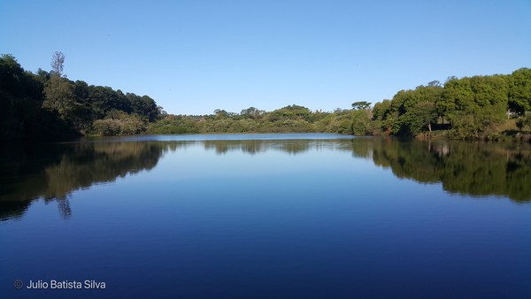 A serene lake reflects the surrounding trees and a clear blue sky, creating a peaceful natural landscape.